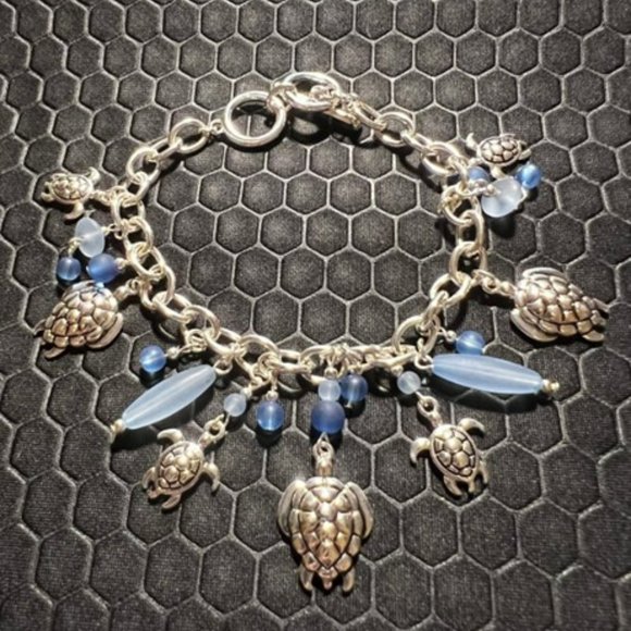 Venice By The Sea Jewelry Jewelry - Turtle Charm Bracelet with Blue Sea Glass Silver Filled